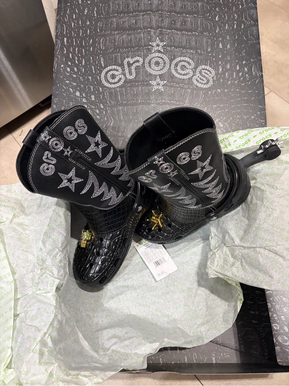 CROCS Kids Black Croc-Embossed Western Boot Clogs with Silver Star Details